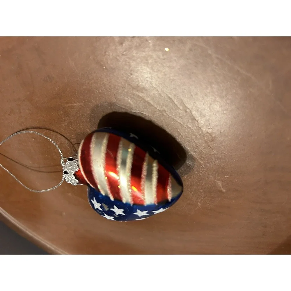 Glass patriotic USA flag stars stripes heart Christmas Ornament